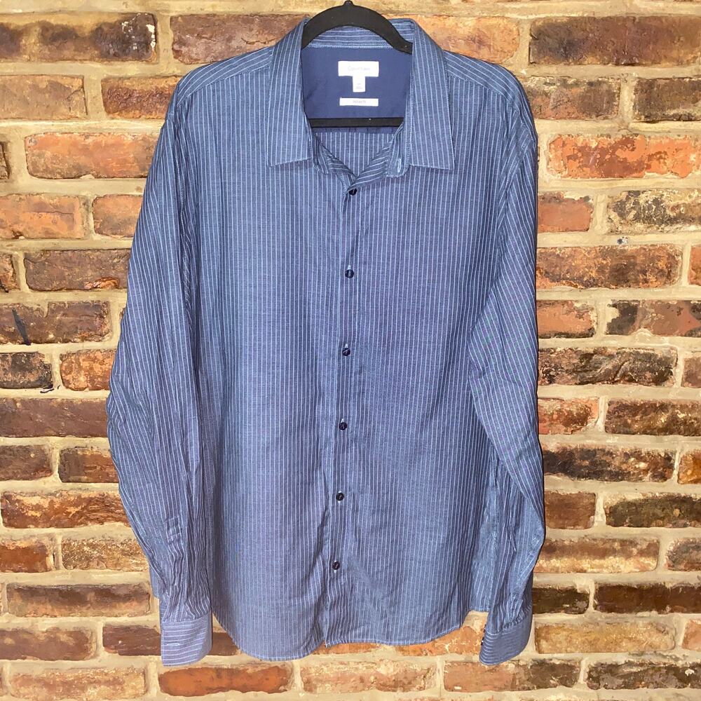 Calvin Klein Blue Striped Long Sleeve Button Down Infinite Dress Shirt Men's XXL